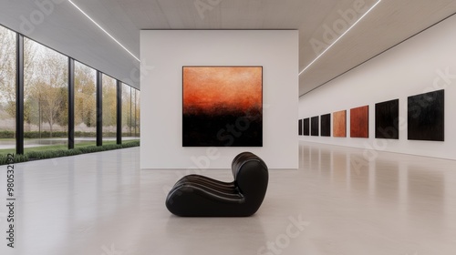 A minimalist interior with clean white walls and modern furniture featuring a series of framed biblical paintings hanging in a grid format The paintings are evenly spaced and the room is decorated wit