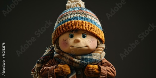 A doll dressed in warm winter clothing. AI.