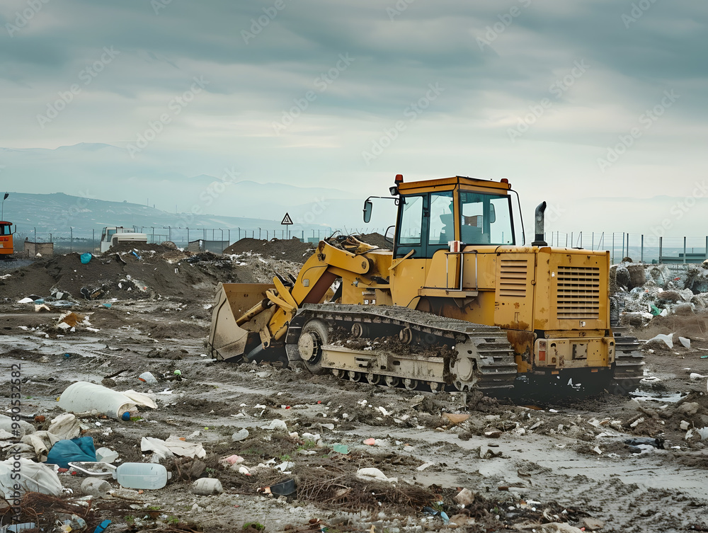 A bulldozer works at a landfill, waste recycling process. Neural network AI generated art A bulldozer works at a landfill, waste recycling process. Neural network AI generated art