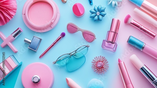 Colorful collection of beauty products and accessories arranged aesthetically on a soft blue background in a vibrant display