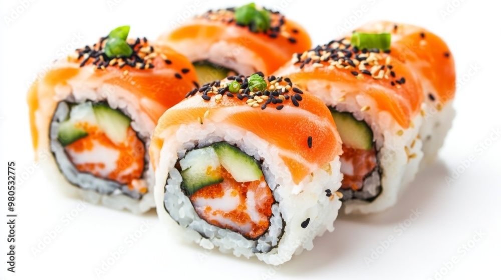 Roll with salmon, shrimp, cucumber, and Chuka salad inside, Green Tobiko on top of the roll on a Sushi Japan Roll with salmon, shrimp, cucumber, and Chuka salad inside, Green Tobiko on top of the roll on a Sushi Japan