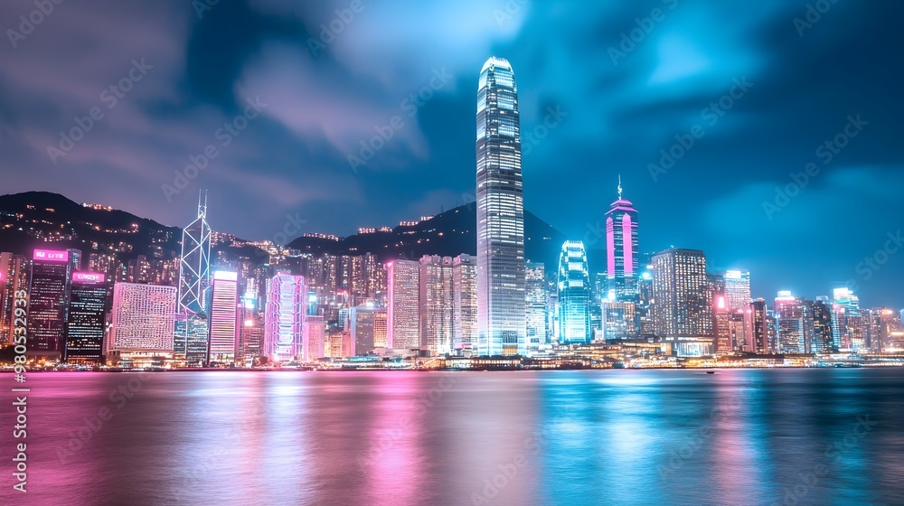 Naklejka premium Dazzling Hong Kong Skyline Lit Up in Vivid Colors for Breast Cancer Awareness