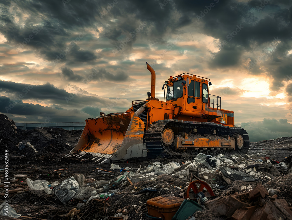 A bulldozer works at a landfill, waste recycling process. Neural network AI generated art A bulldozer works at a landfill, waste recycling process. Neural network AI generated art