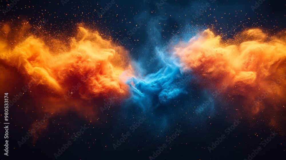 Fototapeta premium Abstract orange and blue powder explosion transparent background