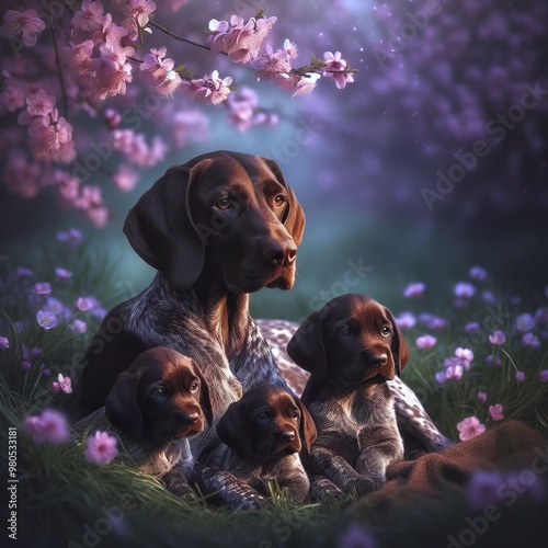 Mother dog with her two puppies in a blossoming field, surrounded by flowers under soft sunlight in spring photo