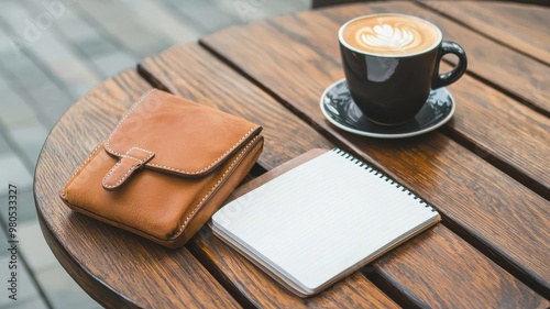 Crossbody bag on a cafe table next to a travel journal, symbolizing a relaxing trip reflection moment