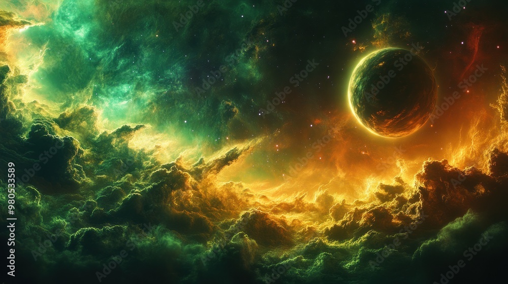 A celestial landscape with a planet and glowing gas clouds A celestial landscape with a planet and glowing gas clouds