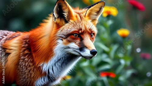 Red fox gracefully explores a vibrant flower garden, surrounded by blooming colors and natures beauty