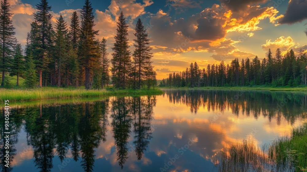 Serene summer evening landscape with tall pines reflecting on the surface of a tranquil lake under a glowing sunset sky Serene summer evening landscape with tall pines reflecting on the surface of a tranquil lake under a glowing sunset sky