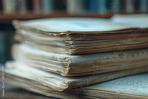 Stack of old antique books with weathered pages, vintage literature in a library or study setting
