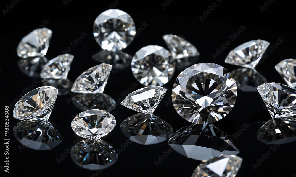 A beautiful collection of various shaped diamonds is showcased on a glossy black surface, reflecting their stunning clarity and sparkle in a luxurious arrangement A beautiful collection of various shaped diamonds is showcased on a glossy black surface, reflecting their stunning clarity and sparkle in a luxurious arrangement