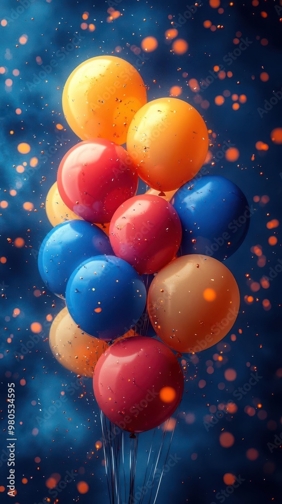 whimsical cloud of balloons in complementary orange and blue against vibrant blue sky background whimsical cloud of balloons in complementary orange and blue against vibrant blue sky background