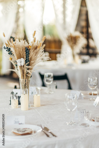 Detail of a wedding dinner setting, summer event