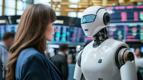 AI robot working alongside human traders in a bustling futuristic stock exchange, collaboration, human-AI synergy in trading