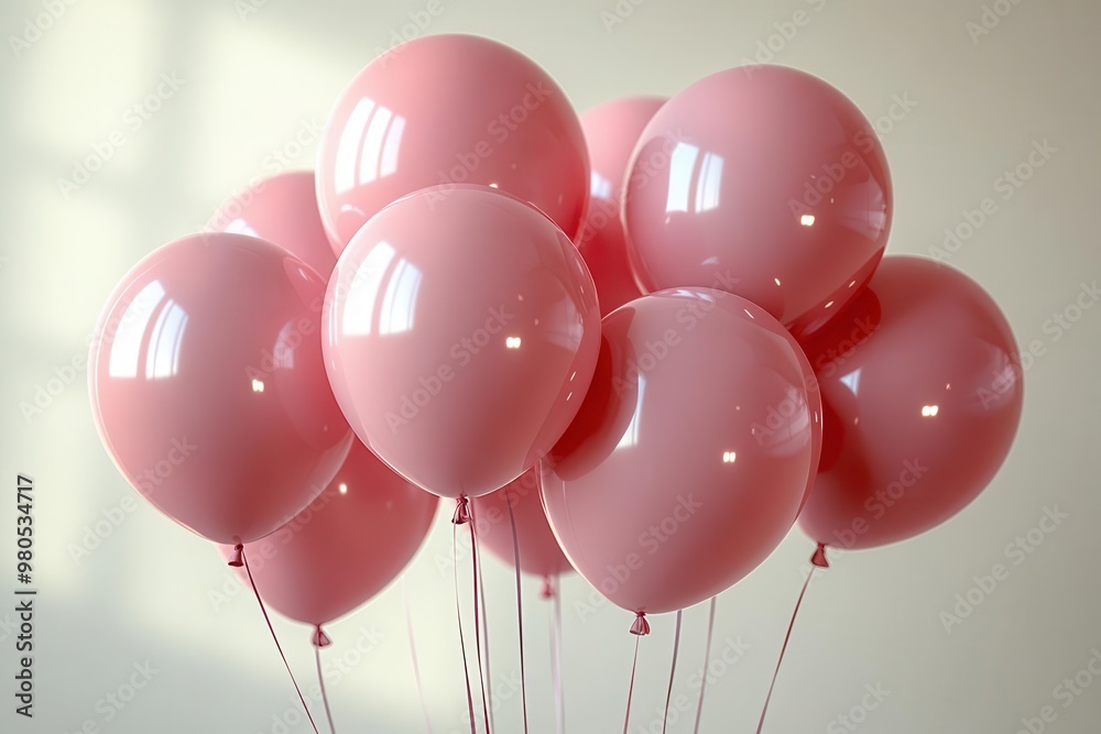 whimsical cluster of pastel pink balloons floating against pristine white backdrop delicate strings soft shadows dreamy atmosphere celebration lightness innocence embodied