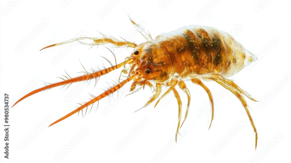 Detailed isolated image of a microscopic mite floating in a white space environment Detailed isolated image of a microscopic mite floating in a white space environment