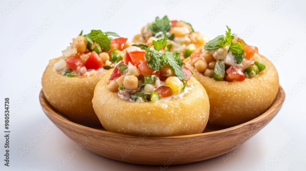 pani puri is filled with mint, chany and tomatoes, dahi oozing out of it pani puri is filled with mint, chany and tomatoes, dahi oozing out of it
