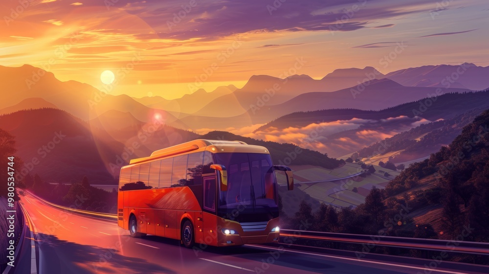 A red bus drives on a winding road through a mountainous landscape at sunrise. A red bus drives on a winding road through a mountainous landscape at sunrise.
