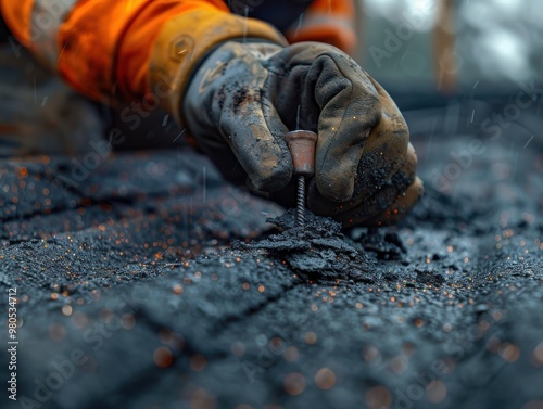 Close-up of a construction worker's hands wearing gloves and working on a roofing project, illustrating hard work and craftsmanship. photo