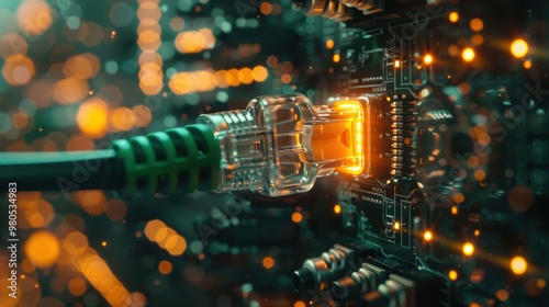 Wallpaper Mural Close-up of a network cable plugged into a glowing port on a circuit board, representing data transfer and connectivity in technology. Torontodigital.ca