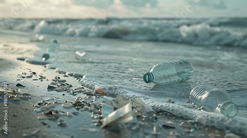  Photorealistic scene of plastic bottles and trash on the beach, with waves crashing in the background. The focus is on the environmental impact and global pollution concept photo