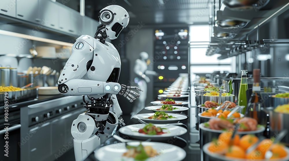 Fototapeta premium Photo of an AI robot serving food in the kitchen, surrounded by various dishes and cooking utensils. The background shows an industrial-style restaurant with stainless steel appliances