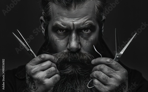 A bearded man with intense eyes holds two pairs of scissors near his face. photo