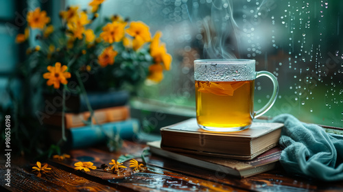 A cup of tea with a slice of orange on top of a stack of books. Concept of relaxation and comfort, as the warm beverage and the citrusy fruit create a cozy atmosphere photo