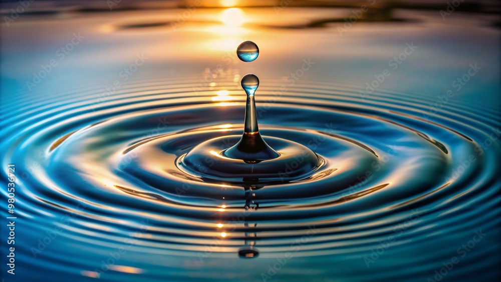 Single water droplet falls, generating a perfect symmetrical ripple pattern on the calm, transparent surface of still water, capturing a moment of serene beauty. Single water droplet falls, generating a perfect symmetrical ripple pattern on the calm, transparent surface of still water, capturing a moment of serene beauty.
