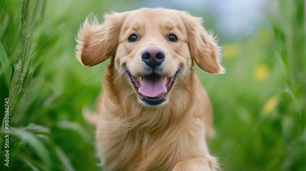 Obraz premium A dog is running through a field of tall grass, AI
