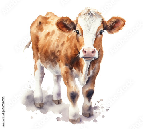 Watercolor vector art of a charming cow. Adorable watercolor painting of a close-up view of a cow's head. The cow has a gentle expression and large brown eyes.