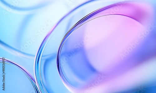3D render. Abstract background with blue and purple lines in the shape of circles, light blue background, glass effect, minimalist style. blurred focus on curves, light refraction effects, 