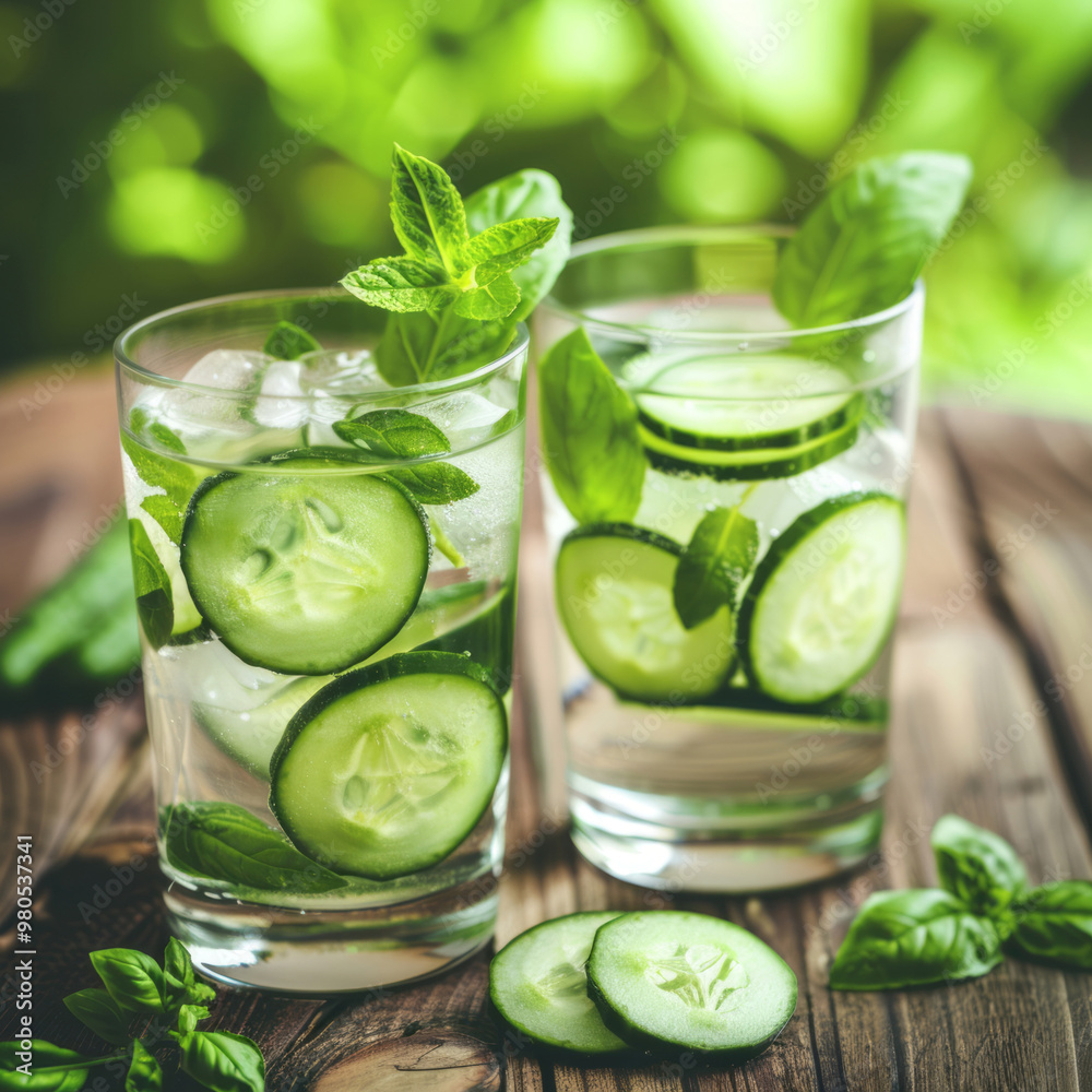 Two glasses with cucumber and mint water on an outdoor wooden table with ice cubes and cucumber slices. Two glasses with cucumber and mint water on an outdoor wooden table with ice cubes and cucumber slices.