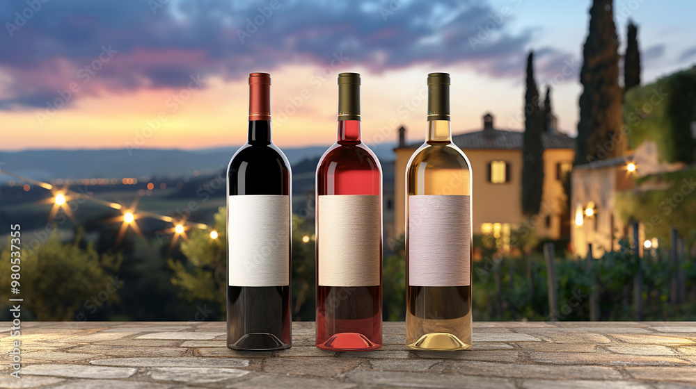 Fototapeta premium Three wine bottles on a rustic table with a vineyard at sunset. Copy space for logo or text