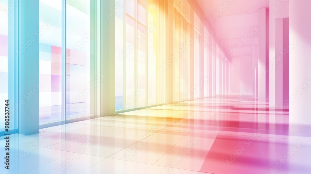 A long hallway with colorful windows and a white floor, AI A long hallway with colorful windows and a white floor, AI