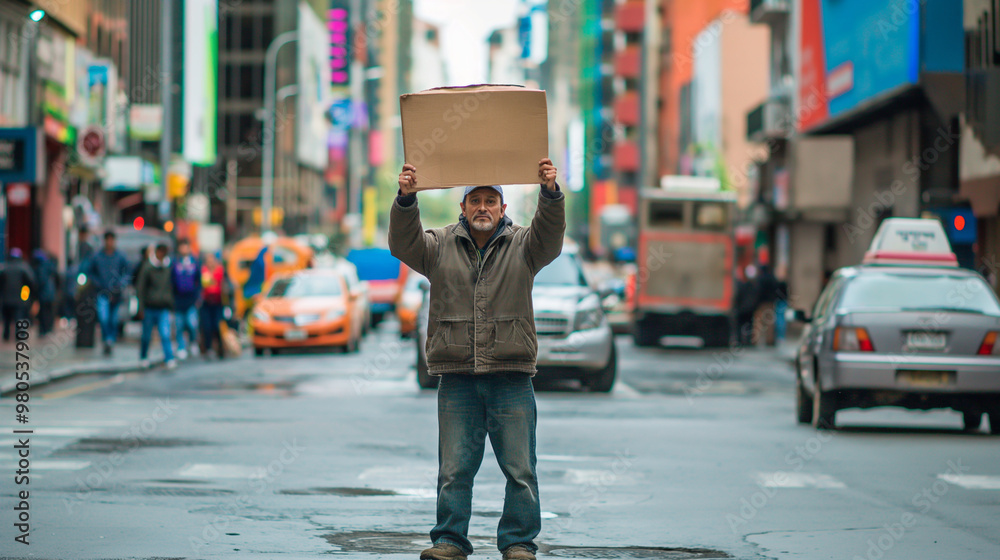 Homeless man holding a blank cardboard sign in a busy city street. Empty copy space for text Homeless man holding a blank cardboard sign in a busy city street. Empty copy space for text