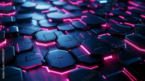 Futuristic, abstract pattern of digital hexagons illuminated with vibrant pink neon light, creating a visually captivating and modern technological atmosphere.