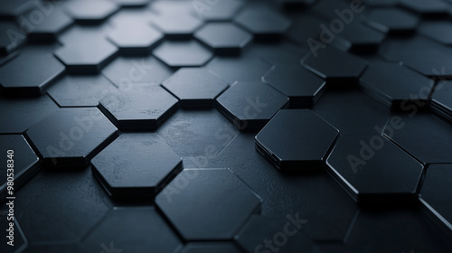 A visually striking abstract pattern featuring dark hexagonal shapes with varying depths and gradients, highlighting modern design aesthetics and technological inspirations.