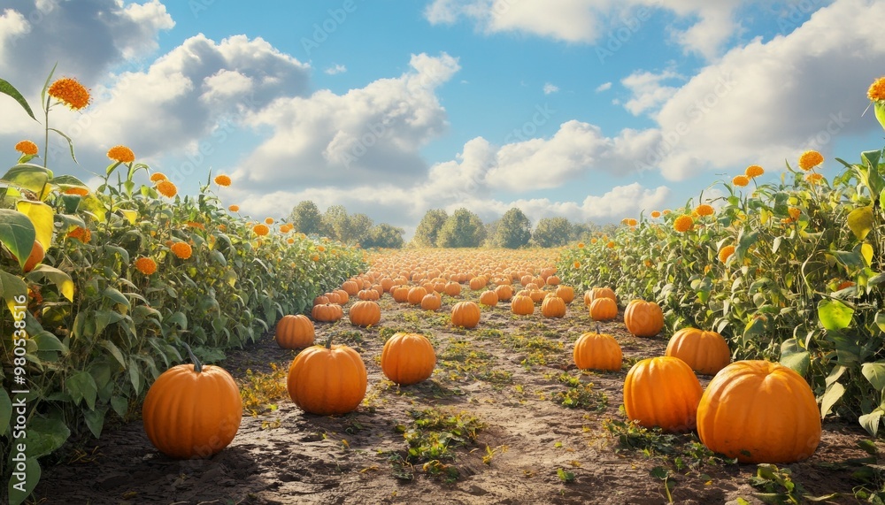 Minimalist Pumpkin Patch Landscape with Bright Blue Sky and Scattered Pumpkins Minimalist Pumpkin Patch Landscape with Bright Blue Sky and Scattered Pumpkins