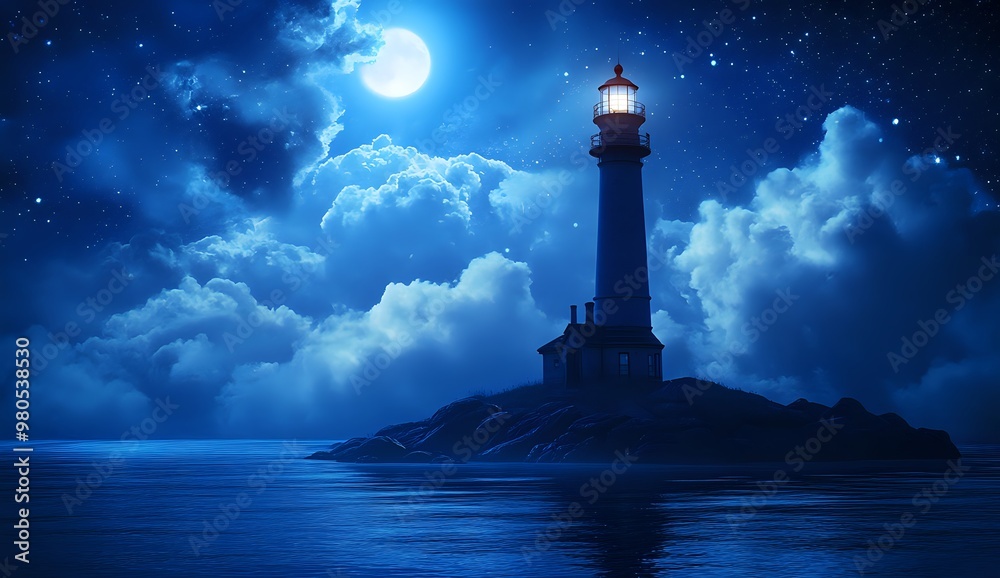 A solitary lighthouse stands tall against a backdrop of a full moon and starry sky. A solitary lighthouse stands tall against a backdrop of a full moon and starry sky.