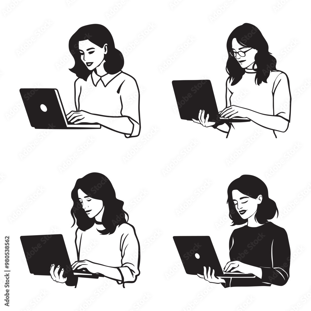 Black and white vector silhouettes set of a woman use laptop Black and white vector silhouettes set of a woman use laptop