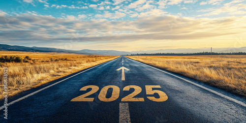 A long road stretches forward under a bright sky with the year 2025 marked on it, symbolizing the future, aspirations, forward momentum, and opportunities ahead.