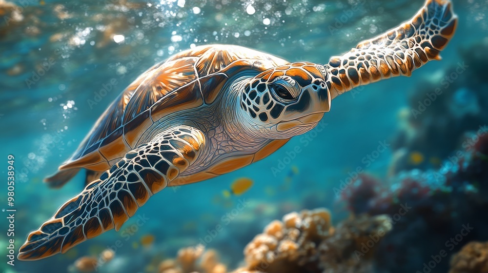 Fototapeta premium Sea Turtle Swimming Underwater with Coral Reef