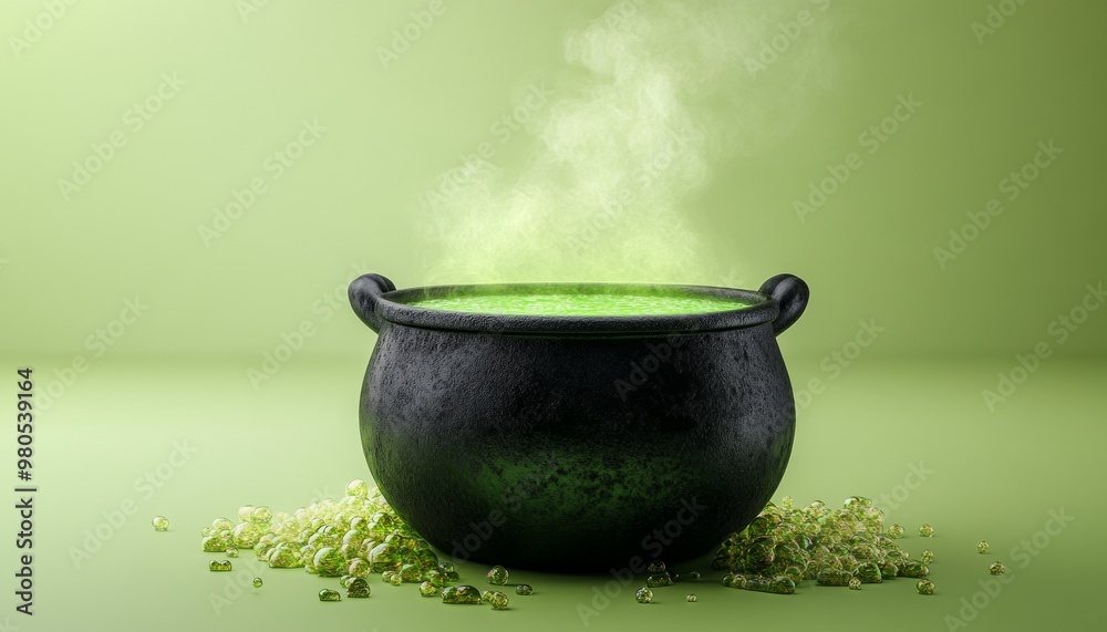 Cauldron with Green Potion and Bubbling Smoke on a Dark Background with Banner Space Cauldron with Green Potion and Bubbling Smoke on a Dark Background with Banner Space