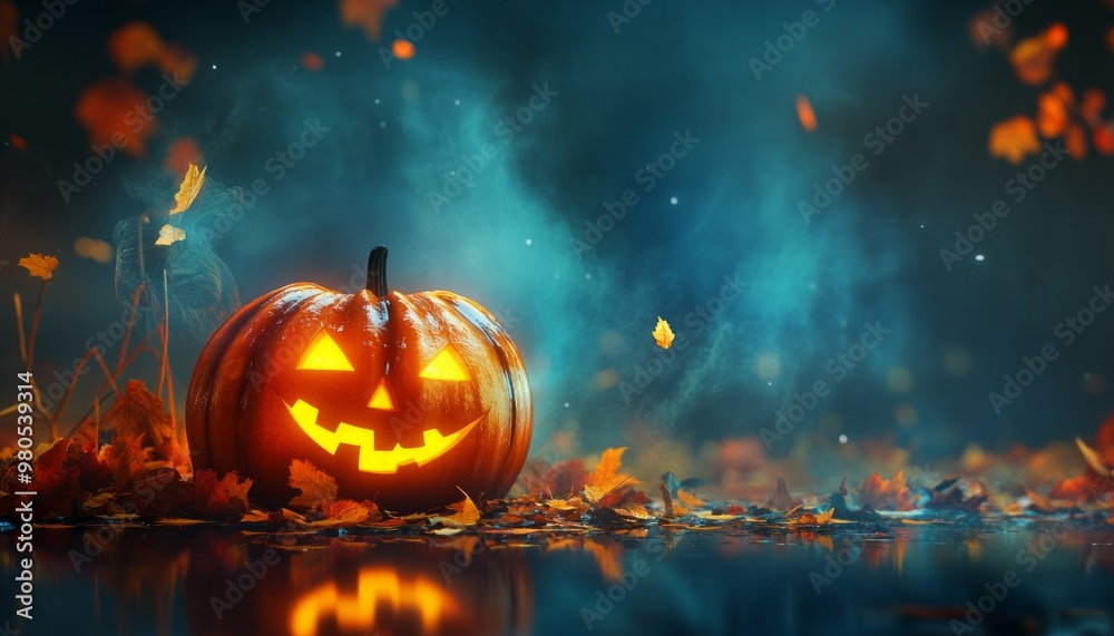 Fototapeta premium Glowing Halloween Pumpkin with Candles in a Dark Autumn Setting