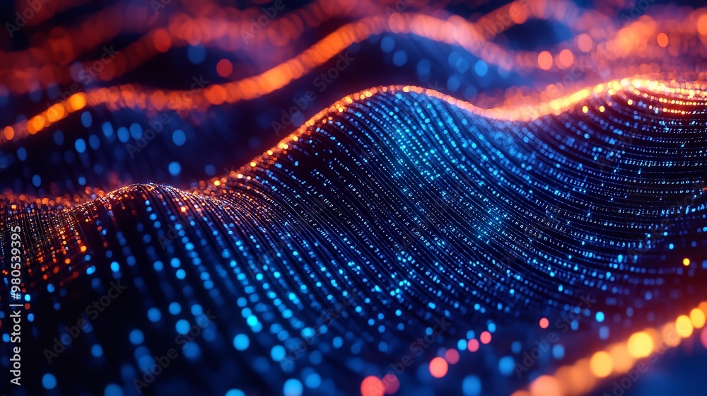 Neon wave of data points in a digital terrain neon Neon wave of data points in a digital terrain neon