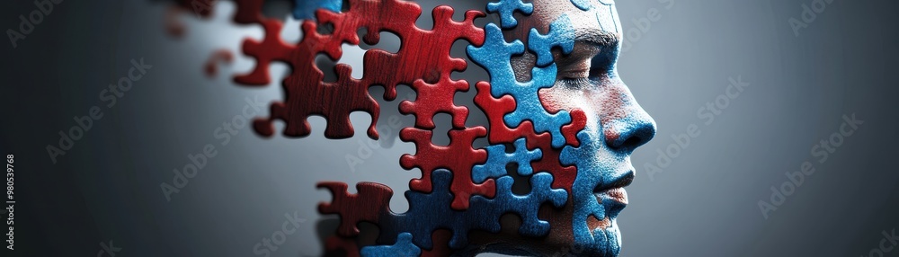 A surreal depiction of a human profile with puzzle pieces in vibrant colors, symbolizing complexity and the interconnection of thoughts. A surreal depiction of a human profile with puzzle pieces in vibrant colors, symbolizing complexity and the interconnection of thoughts.