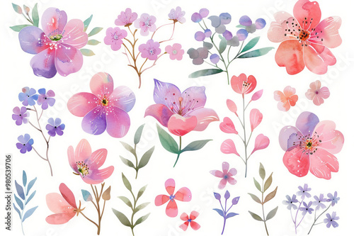 Set of watercolor flowers and branches on a white background, perfect for spring-themed designs.