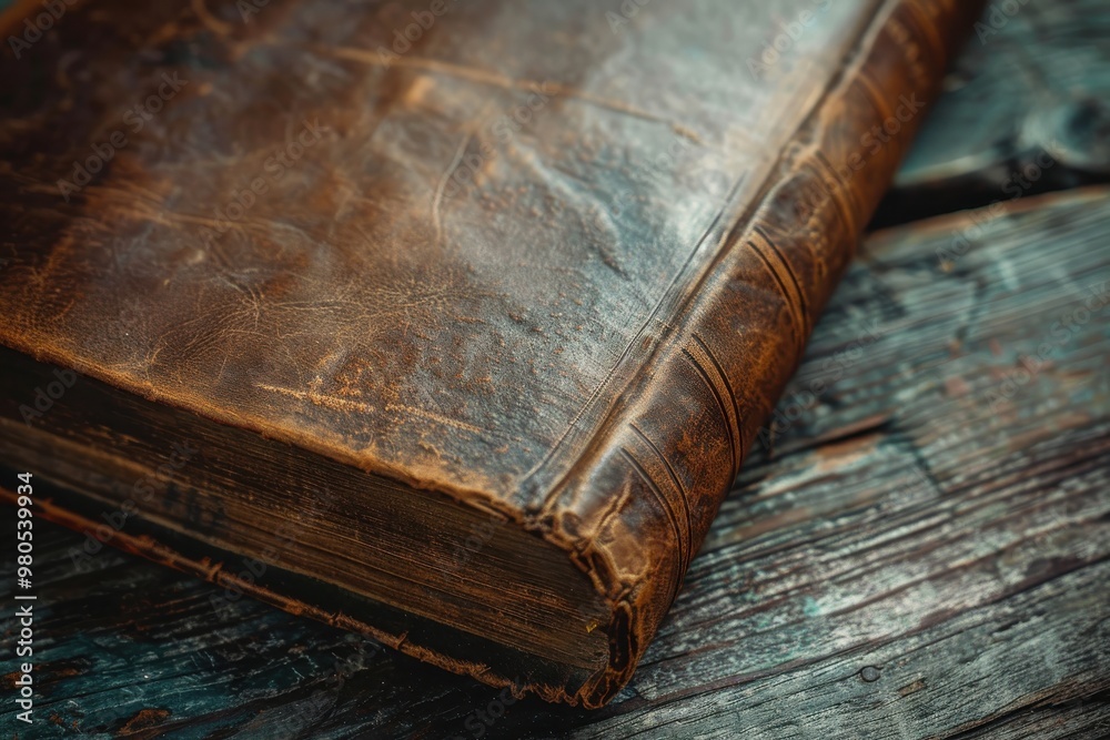 Close-up of an old, weathered leather book on wooden surface, displaying vintage charm and historical significance. Close-up of an old, weathered leather book on wooden surface, displaying vintage charm and historical significance.