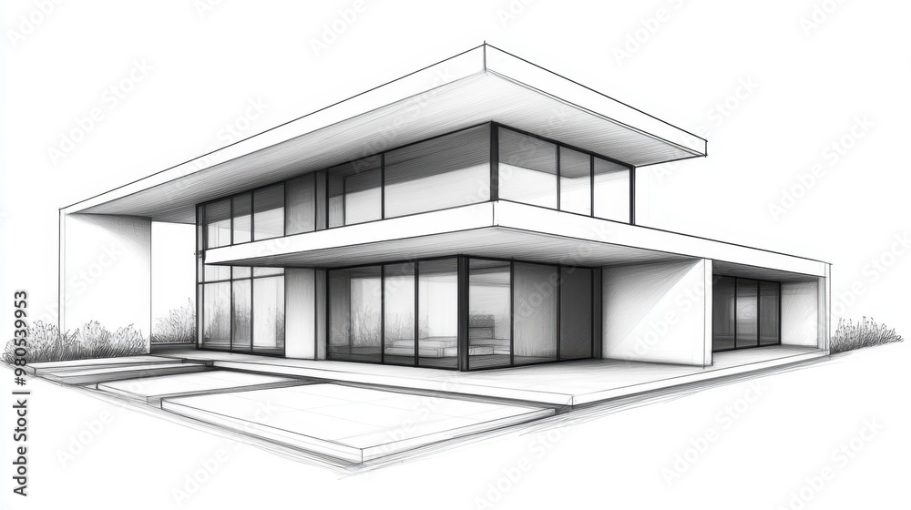 Detailed architectural sketch of a modern house featuring clean lines and technical precision over a simple white background ideal for architectural concepts Detailed architectural sketch of a modern house featuring clean lines and technical precision over a simple white background ideal for architectural concepts